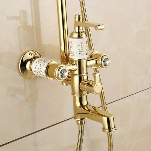 European zirconium gold bathroom accessories retro ceramic hand shower faucet solid brass polished rotating shower set