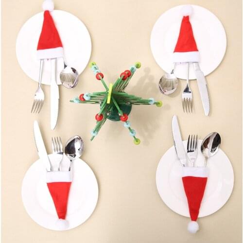 Christmas Home Decor Fork Knife Cutlery Holder Bag Pocket Red Santa Hat for Christmas Dinner Table Decor New Year Navidad 2021