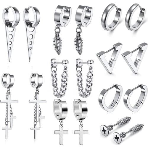 1Pair Silver Men Earrings Stud Stainless Steel Cross Dangle Chain Huggie Hinged Hoop Earrings Set for Men Women Piercing Jewelry