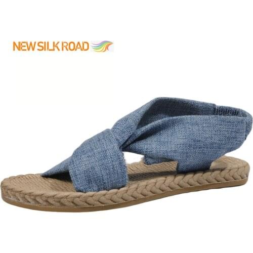 New Arrivals Linen Fabrics Summer Rome Style Cotton Straw Cloths Women Hemp Sandals Slippers Cross Tie Elastic Band Femme Ladies