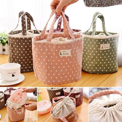 Portable Picnic Lunch Bag Outdoor Food Storage Polka Dot Drawstring Carry Tote Home Storage Organization for Kitchen Storage
