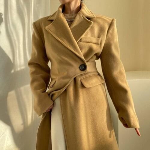 Women Jacket 2021 Winter Korean Elegant Retro Suit Collar One Button Waist Design Loose Irregular Long Woolen Coats