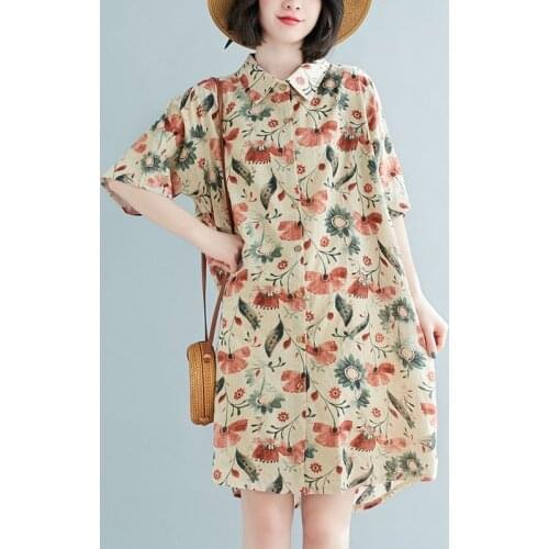 Oversized Women Cotton Linen Long Shirts New Arrival 2021 Summer Vintage Style Floral Print Loose Female Casual Tops S3779
