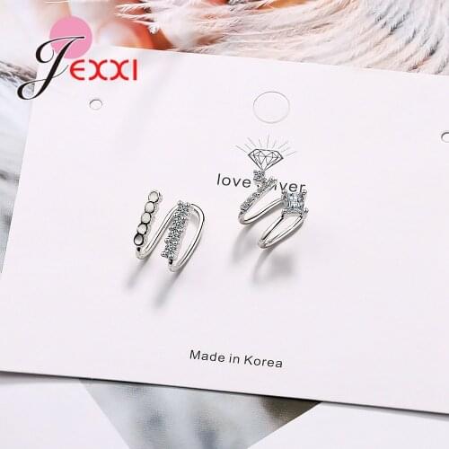 New Fashion 925 Sterling Silver Punk Ear Clip Cuff Earrings No Piercing Clear CZ Crystal Inlay Pave Fine Women Girl Jewelry Gift