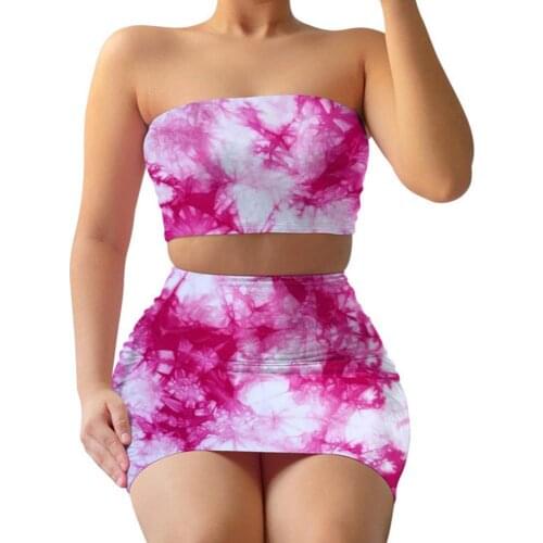 2021 Sexy Women Summer Dresses Tie Dye Swirl Print Bandeau Tube Top Mini Bodycon Beach Skirt Outfit