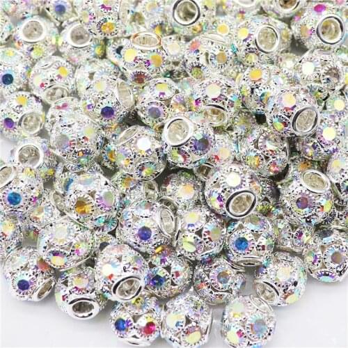 10Pcs Rhinestone Crystal Stone Glass Pave Setting Round Ball European Spacer Beads Fit Pandora Charms Bracelet Necklace Jewelry