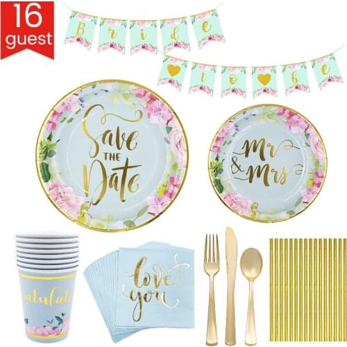 129pcs/Lot 16 People Bride To Be Party Disposable Tableware Gold Paper Cup Plate Napkins Wedding the Bachelor Party supplies