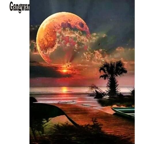 5d diamond painting full square / round diy diamond embroidery lake light moon natural landscape diamond mosaic home decoration