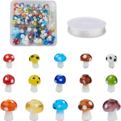84pcs/box Mixed Color Mushroom Lampwork Beads Elastic Crystal Thread DIY Cute Mushroom Stretch Bracetet Making Kits