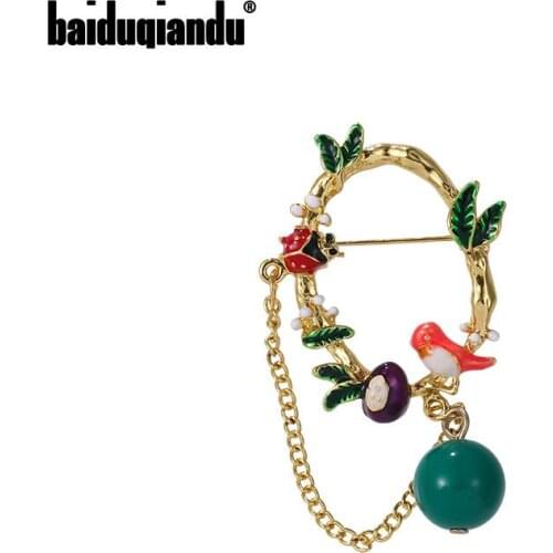 Baiduqiandu New Arrival Gold Color Plated Fashion Bird on Cage Brooch Pin for Women Dress Coat Accessories Cute Jewelry