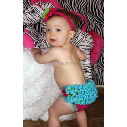 Free shipping,baby Crochet blue Ruffled red Diaper/ Nappy Cover with Matching flower headband Set gift