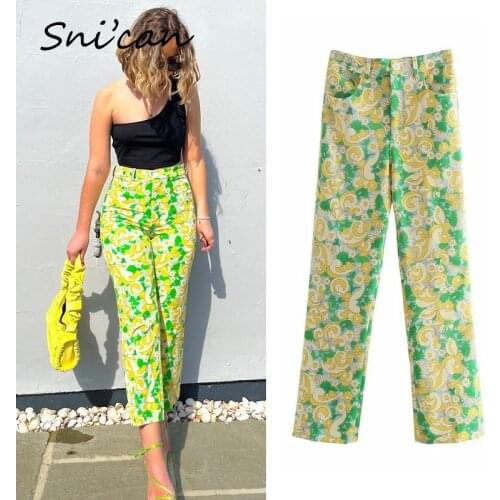 Green Floral Print Pants With Back Pockets Summer Fashion Office Ladies High Waist Pantalon Pour Femme Vintage Streetwear Za New