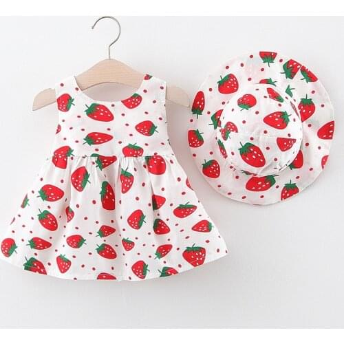Childrens Dress 2021 Spring Summer New Baby Girl Dress Send HatS Big Strawberry Print Girls Princess Dress Kids Dress 0-3 Years