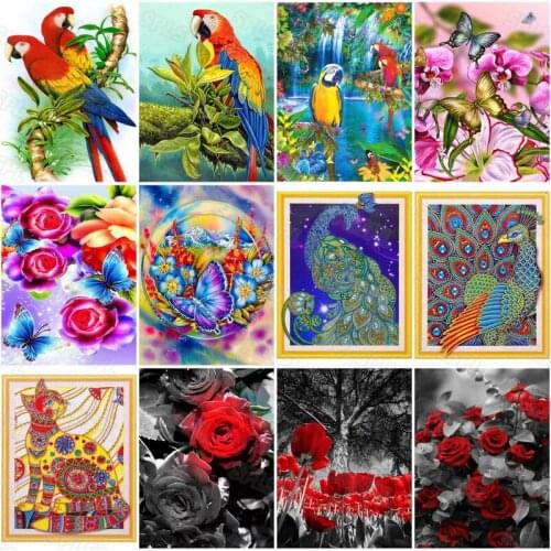 Diy Diamond Painting Red Yellow and Blue Colored Parrots Gorgeous Colored Flowers Butterflies Peacock Stickers Diamond Poster