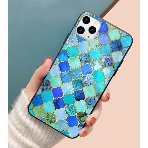 Cobalt Blue, Aqua & Gold Moroccan Decorative soft TPU border phone case for iphone 11PROMAX 11 X XS XR XSMAX 6P 7 7plus 8 8plus