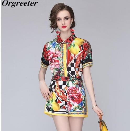 High Quality Shirt Shorts Ensemble femme 2021 Summer Fashion Rose Floral Printted Short Sleeve Blouse Top and Shorts 2 Piece Set
