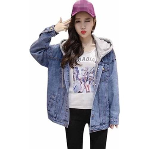 Women Jacket Spring Autumn Casual Hooded Long Sleeve Loose Denim Jacket Lady Vintage Single Breasted BF Harajuku Denim Coat A354