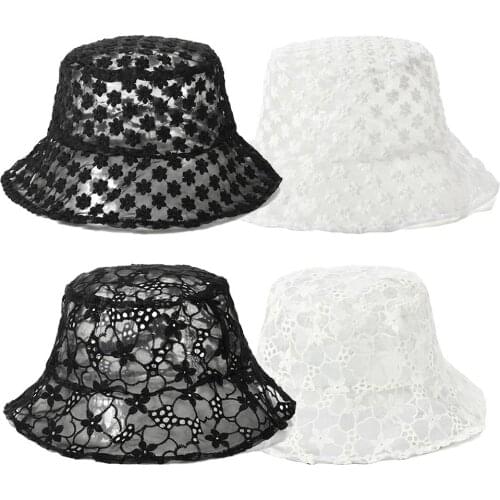 Fashion Women Solid Color Lace Flower Anti-UV Foldable Fisherman Hat Bucket Cap