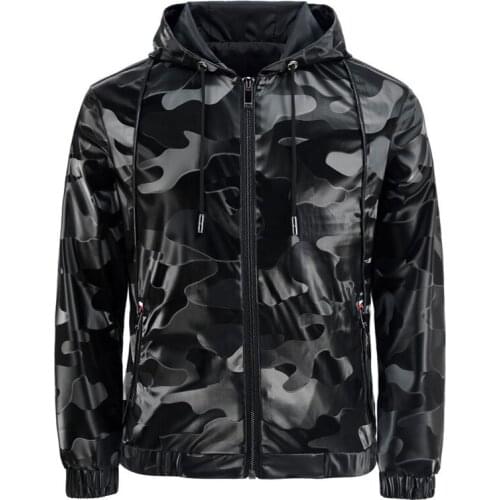 New Mens Leather Jacket Hooded PU Leather Jacket Male Camouflage Thin Coat Spring Casual Sportswear Jacket