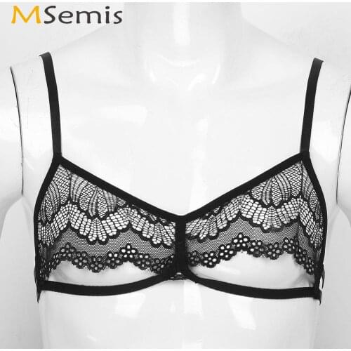 Mens Sissy See Through Sheer Lace Lingerie Sexy Hollow Out Half Chest Bra Adjustable Shoulder Straps Unlined Gay Bralette Tops