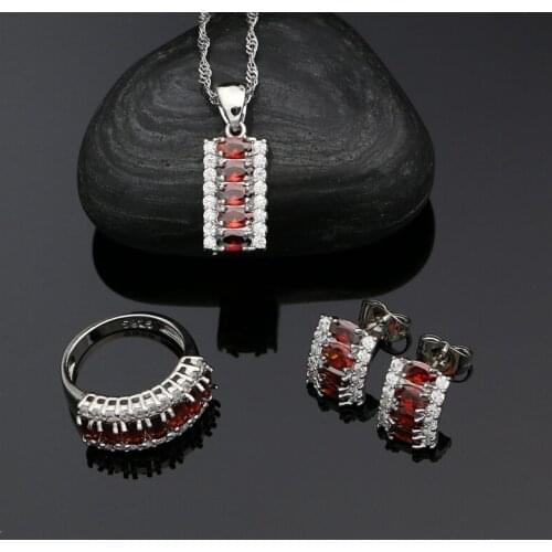 925 Silver Jewelry Kits Red And White Cubic Zirconia For Women Stud Earrings Ring Pendant Necklace Silver Set