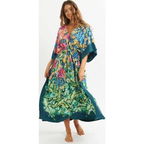 2020 NEW Plus Size V-neck Sexy Beach Dress Cover ups Print Floral Swimsuit Sarong Robe Plage Beachwear Kaftan Beach Dress Pareos