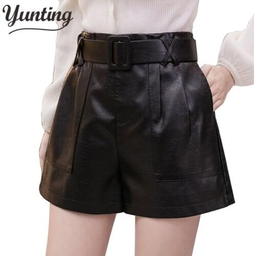 2021 New PU Leather Shorts Women Shorts All-match Sashes Wide Leg Short Ladies Sexy Leather Shorts Autumn Winter