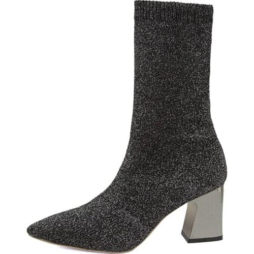 New Pointed Short Tube Elastic Socks Net Red Boots Wild Thick With Thin Boots 2019 Autumn And Winter High Heel Shoes