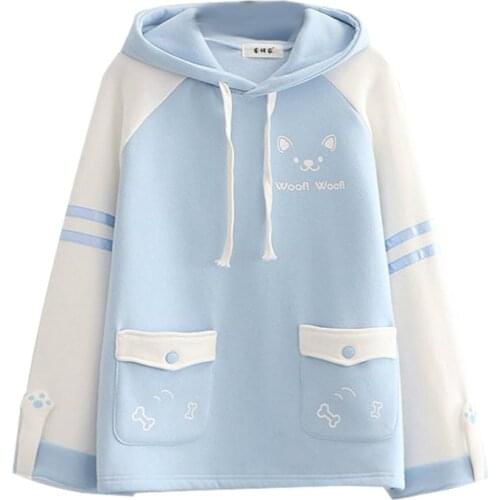 Japan Kawaii Fleece Warm Hoodie Women Cute Clothes Yellow Girls Thick Sweatshirt Female Winter Hooded Long Sleeve Pullovers Blue