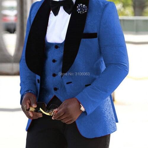 Royal Blue Jacquard Wedding Suits For Men Custom Made 3 Pieces Jacket With Pants Slim Fit Shawl Lapel Smoking Blazer Mens Suit