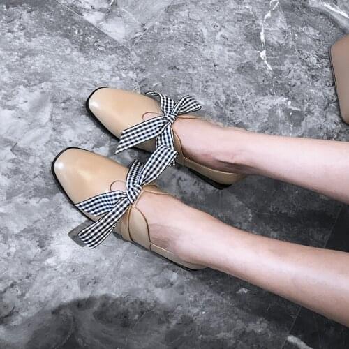 Low-heeled womens single shoes square head ribbon bow womens shoes first layer cowhide sweet princess lace-up shoes