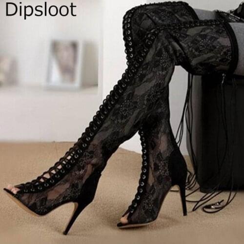 Real Pics Feminina Suede Leather Peep Toe Thigh High Boots Zip Thin High Heel Lace Up Over Knee Long Botas Shoes Big Size 45