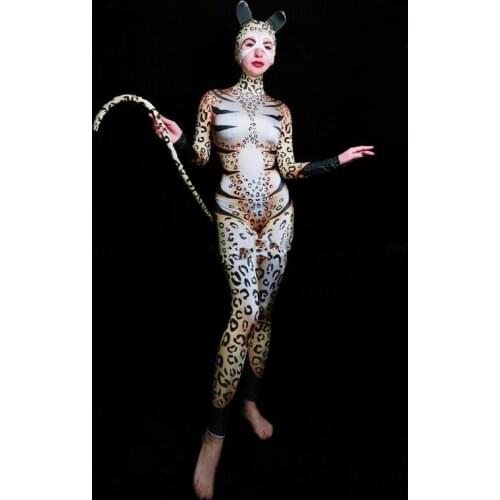 Sexy Lady Leopard Stage Performance Costume Halloween Cat Tail Cosplay Clothes Party Event Dance Suit