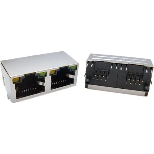 10PCS/LOT 1 x2 RJ45 socket with lamp mother RJ45 network interface Horizontal bending 2 mouth 56/8 p8c belt shielding