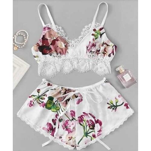 1711-b4 Spaghetti Strap Lace Pajama Set Sleeveless Trim Pyjamas Sleep Short Set Lace Pijama Suit Sleepwear Women Sexy Nighties