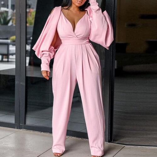 2021 VONDA Women Solid Long Jumpsuits Summer Pleated V Neck Long Sleeve Harem Pants Pantalon Femme OL Office Party Overalls
