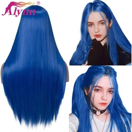 Alynn Long Blue Straight Hair Synthetic Wig Middle Part Silky Full Wigs For Women Daily Cosplay Party Use Heat Resistant Fiber