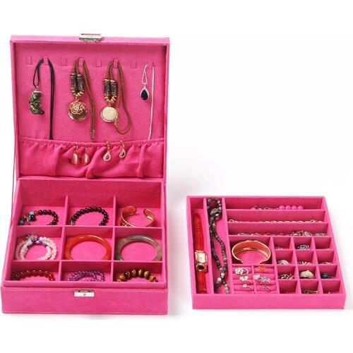 Large Capacity Double-Layer Multifunctional Wooden Flannel Jewelry Box With Lock, Jewelry Necklace, Earrings, Hand Jewelry