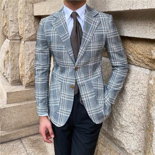 British Daily Men Blazer Hombre Fashion Big Collar Slim Suit Blazer Homme Plaid Suit Jacket Casual Trendy Men Blazer Masculino