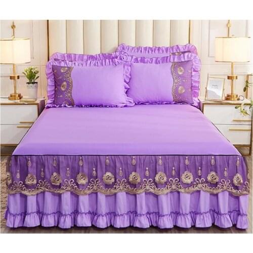 Purple Princess Lace Bedding Bed sheet Pillowcases Soft Solid Bed skirt Girls Bedclothes Bed Cover Home Decoration Falda de cama