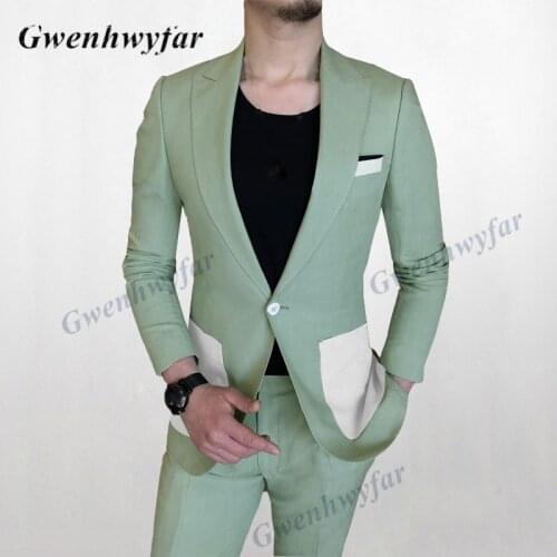 Gwenhwyfar Summer New Mint Green Linen Suits Groomsmen Wedding Tuxedo Male Blazer Pants Mixed White Patch Pocket