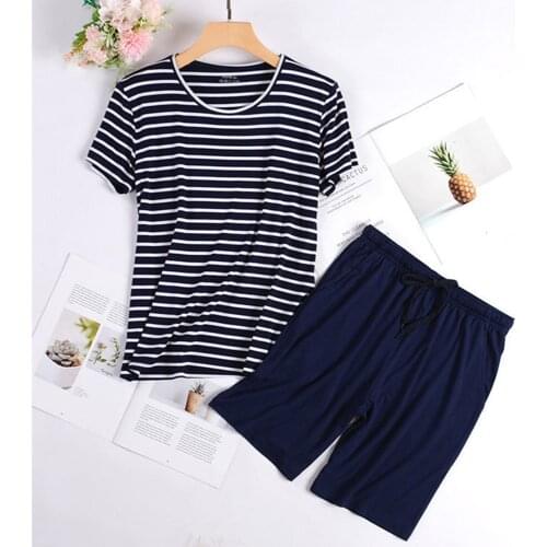 Pink/Gray 2 Pieces Set Modal Sleepwear For Women Pajamas Set Summer Short Sleeve Striped Homewear Casual Female Home Clothes