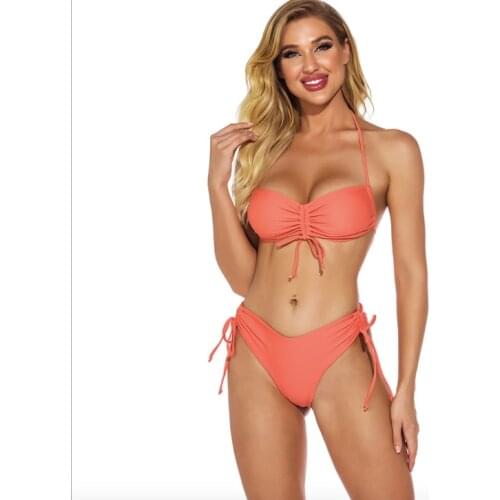 Swimsuit Halter Halter Lace Drawstring Frill Solid Color Split Swimsuit Feminine Bikini