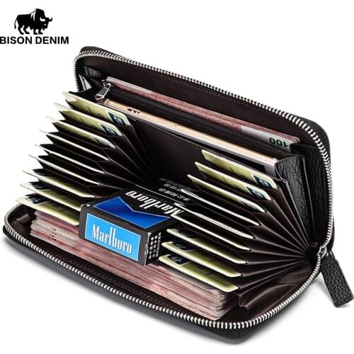 BISON DENIM fashion brand men wallets genuine leather large capacity men clutch purse credit card holder phone wallet