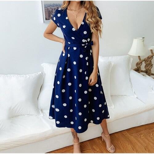 For Womens Summer Short Sleeve Dress Sexy Deep V Neck Fashion Print Polka Dot Lace Up Dress 2021 Bohemian Elegant Ladies Dress