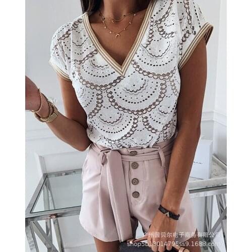 Shirts Women Summer Fashion Simply Hollow Out Tees Office Casual Loose Female V Neck Short Sleeve Mujer De Moda Solid Blusas