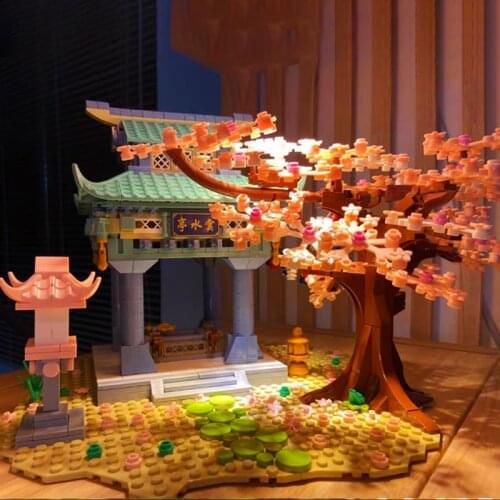 SEMBO Street View Scene Japanese-style Cherry Blossom Building Block Pavilion Model Brick Educational Toys Girls Gifts With LED
