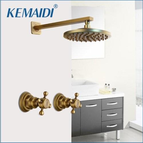 KEMAIDI Shower Faucet Sets 8 inch Antique Brass Round Wall Mounted Bathroom Rainfall Head 2 Handles Shower Shower Sets