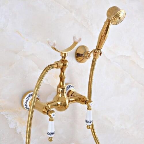 Contemporary Luxury Gold Color Brass Wall Mounted Bathtub Faucet with Handheld Shower Set +150CM Hose Mixer Tap 2na929
