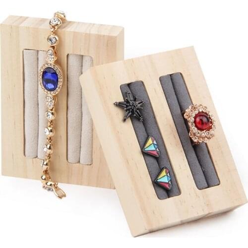 TONVIC 4pcs White/Dark Gray Velvet Wood 2 Rows Earring Ring Bracelet Bangle Display Stand Jewelry Storage Holder